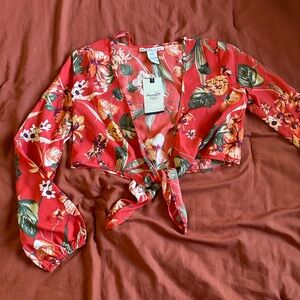 American Rag Red Floral Tie-Front Crop Top, NWT, S,